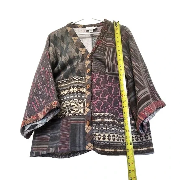 Sacred Threads Patchwork Button Down Sweater Womens Size L Boho Wide Sleeves - Picture 7 of 8